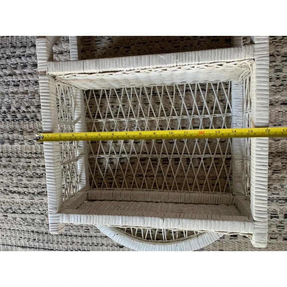 Vintage White Wicker Wall Shelf Arched Rattan 2 Tier Towel Bar Boho Cottagecore